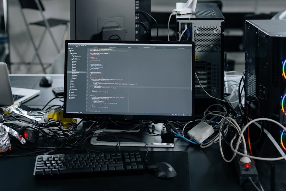 A cluttered computer desk featuring a central monitor displaying lines of programming code, surrounded by tangled cables, a keyboard, a mouse, and various electronic devices including a laptop and des